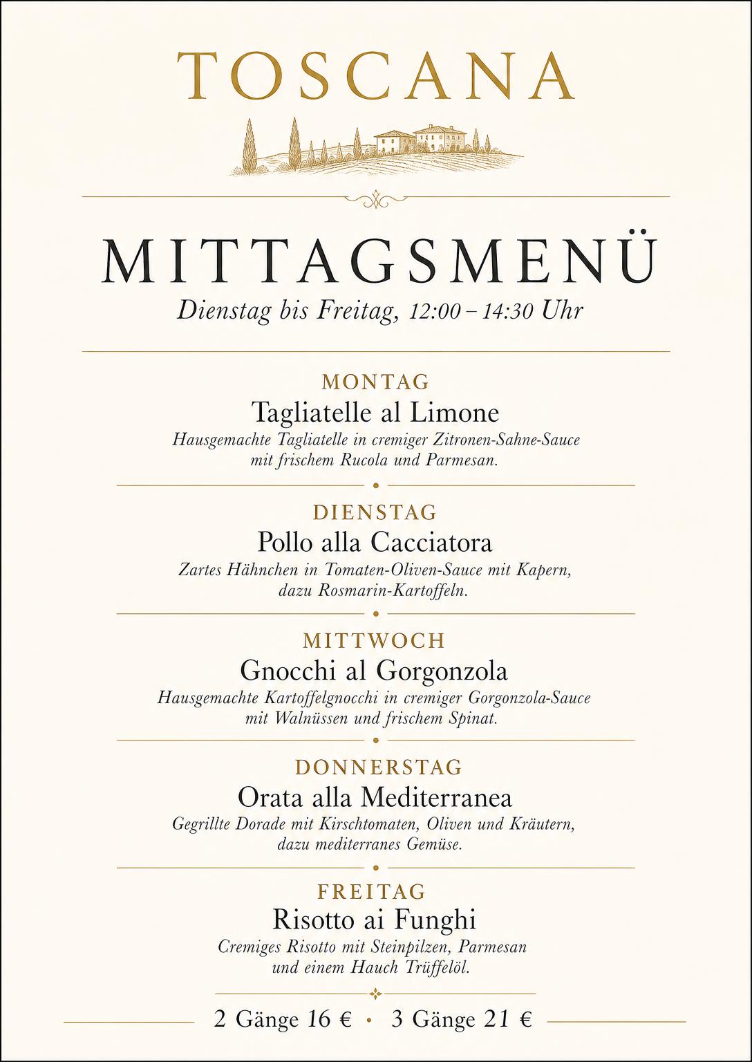 Mittagsmenü des Restaurants Toscana mit einem Gericht pro Wochentag